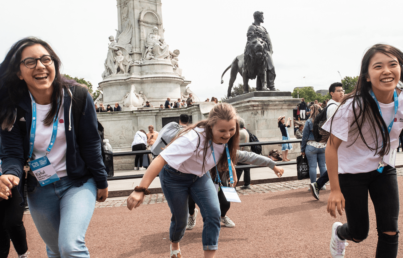 Smiling students from around the world explore London together, embodying the global community and cultural exchange that define the Knovva experience.