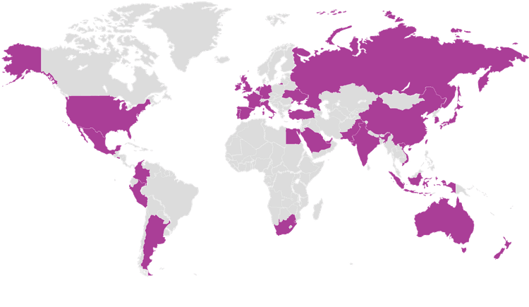 Map of all the participating schools and countries at Model G20